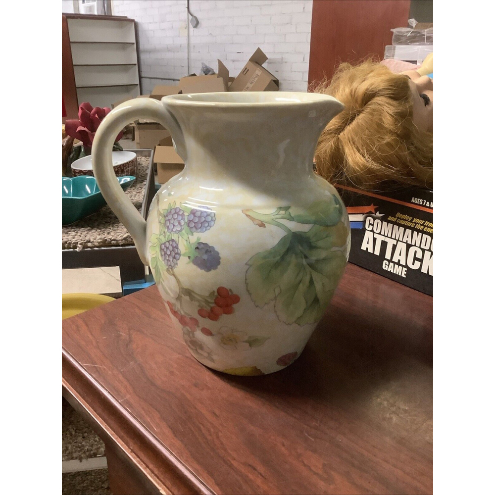 La Primula SRL Pitcher and Plate Beige w/Berries Art Pottery Made in Italy